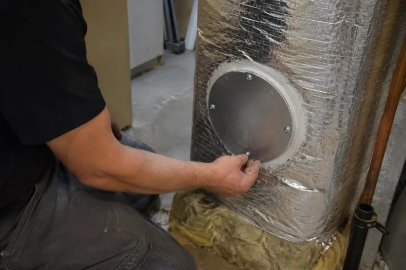 Person touching a round metal cover on a foil-wrapped duct