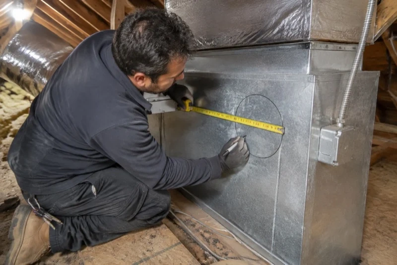 Person holding a tape measure and marker at a circle drawn on a sheet-metal duct