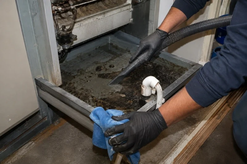 Gloved hands holding a hose nozzle and cloth beside a dirty drain pan and white pipe