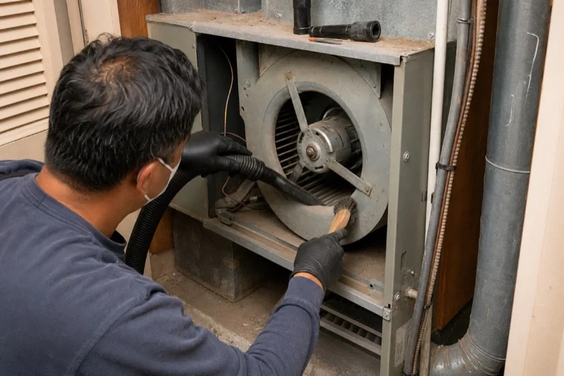 Person holding a brush and hose beside an exposed blower wheel and motor