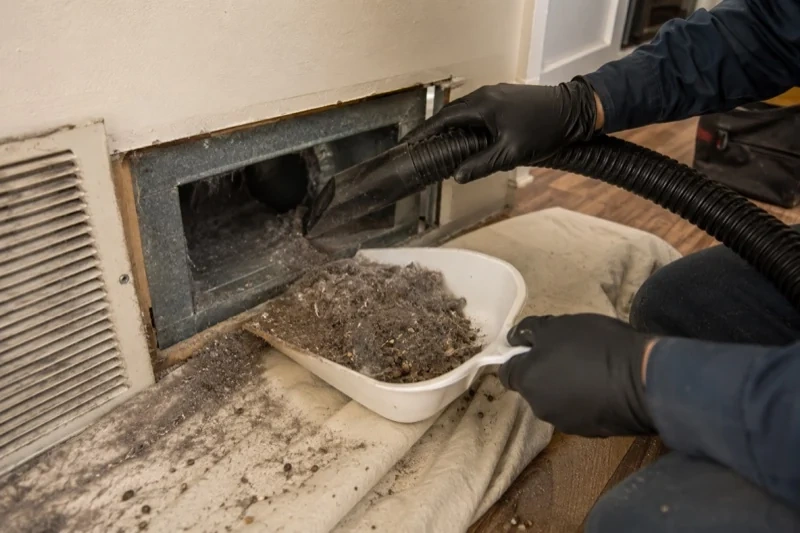 Gloved hands holding a hose nozzle and debris-filled dustpan beside an open wall vent