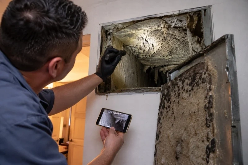 Person holding a flashlight and phone beside an open wall duct with heavy deposits and a removed cover